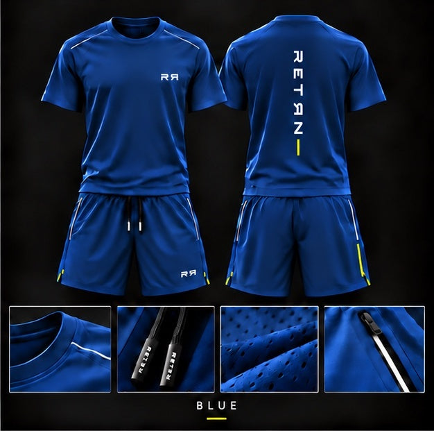 RETRN Drop 01 blue matching top and shorts with front, back and fabric details