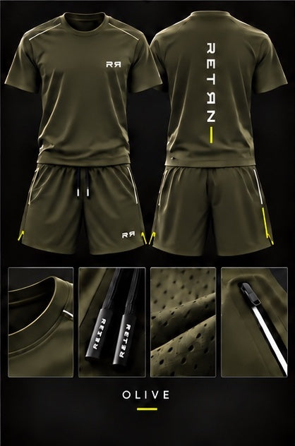 RETRN Drop 01 olive matching top and shorts with front, back and fabric details