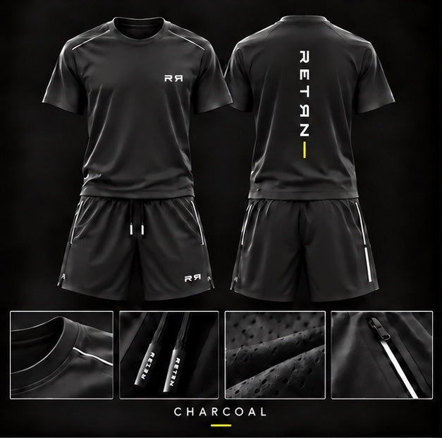 RETRN Drop 01 charcoal performance top and shorts, front and back