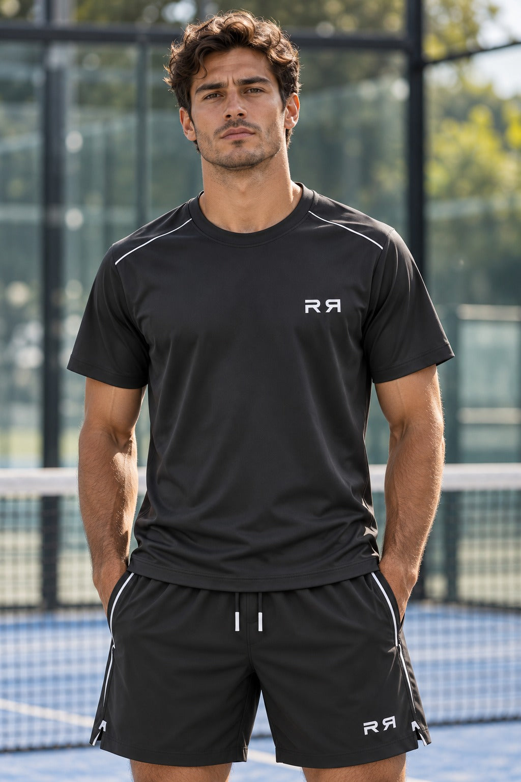 Charcoal RETRN Drop 01 T-shirt front view on a padel court